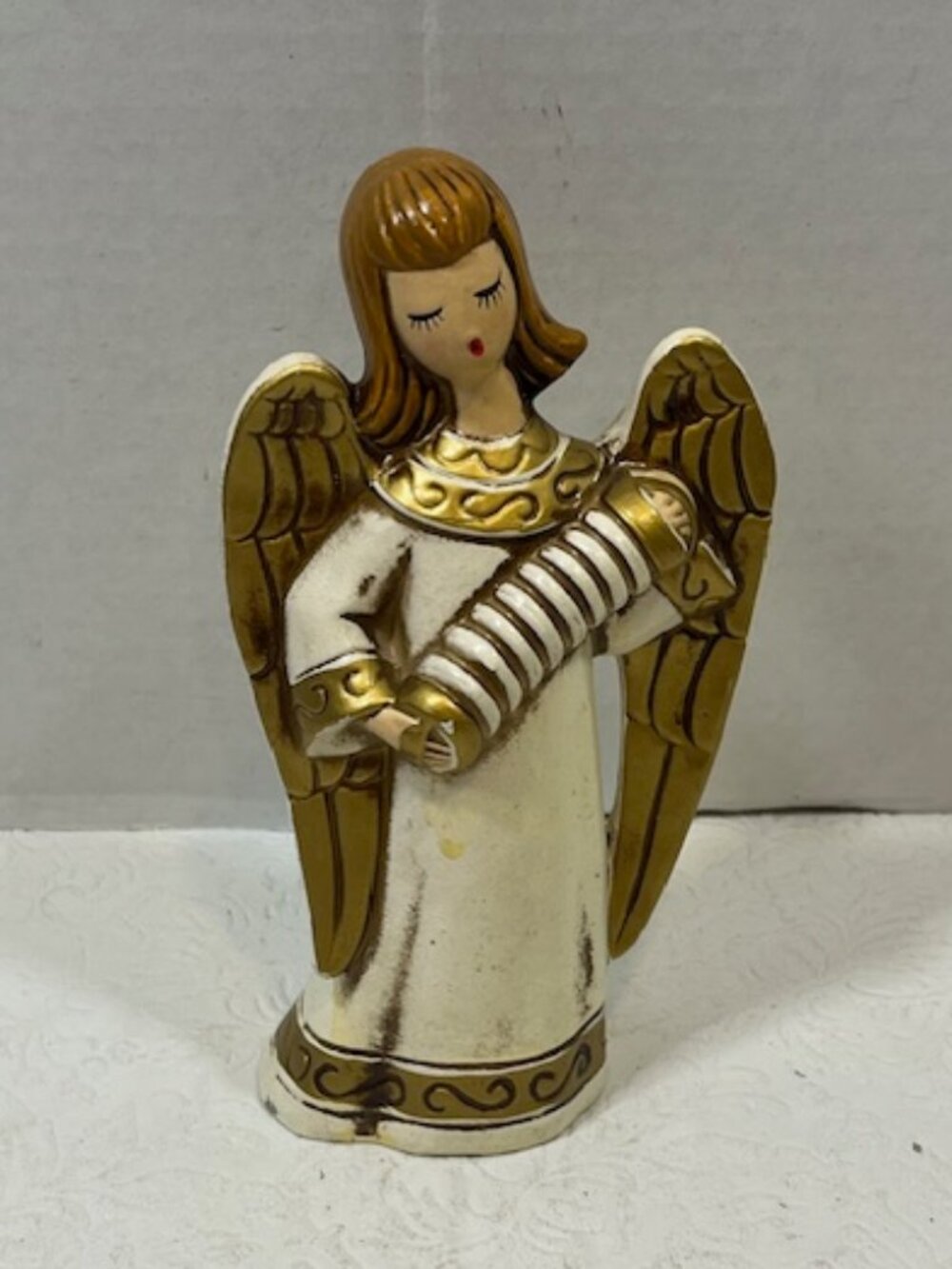 VTG Christmas Angel Musician Figurine Playing Accordion Plaster Gold Accents 6.5